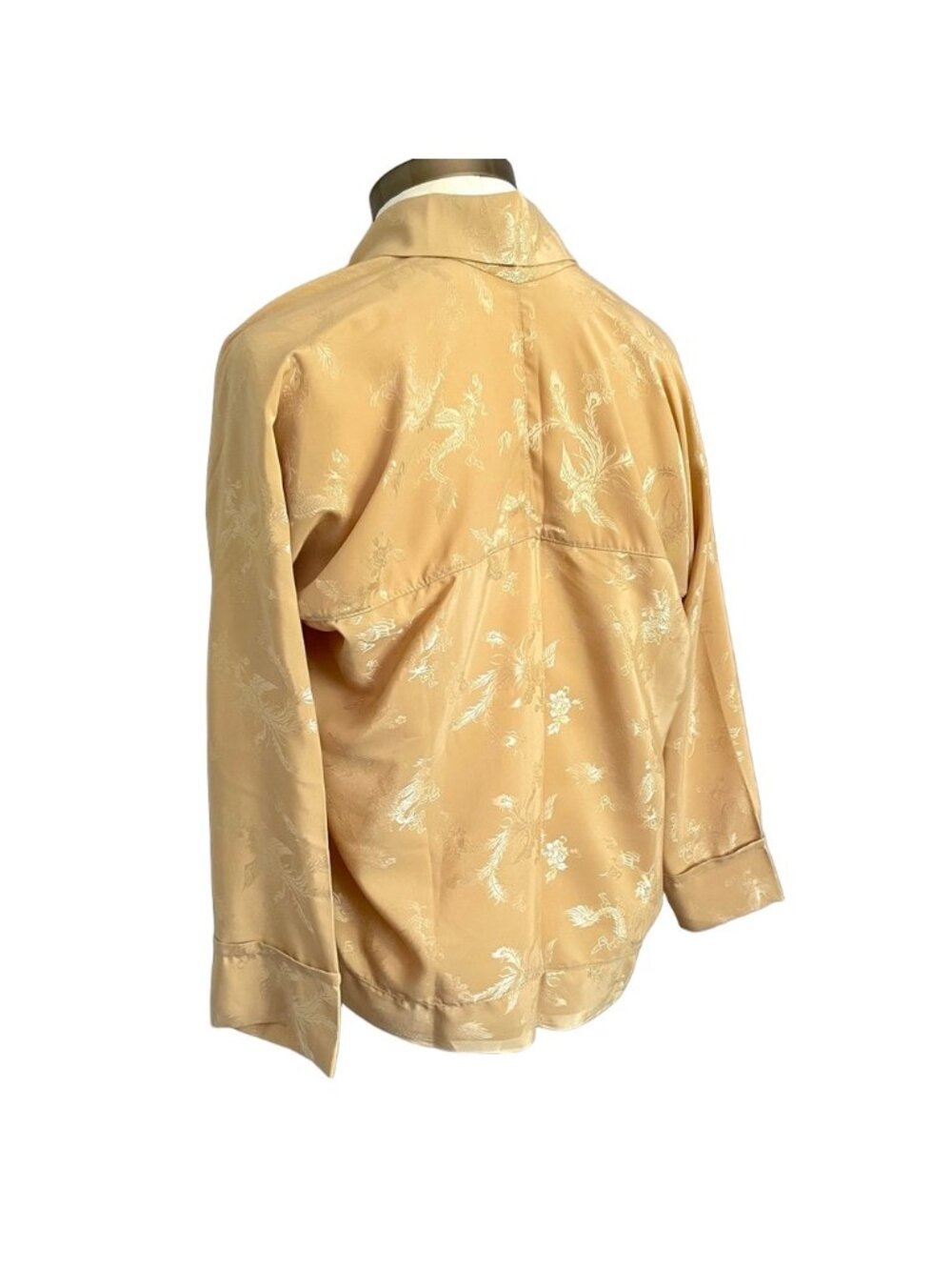 Vintage Warm Beige Silky Brocade Open Kimono Robe Jacket - Small - Picture 7 of 9